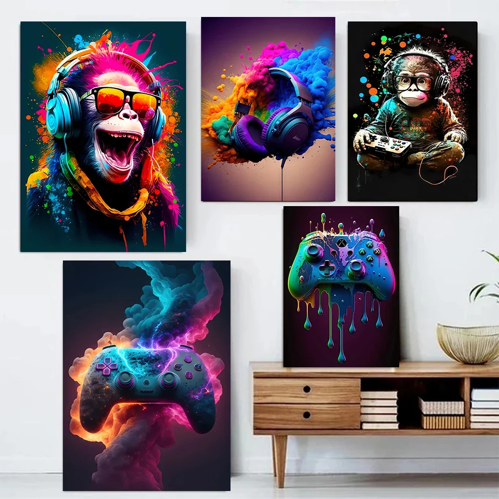 Modern Minimalist Wall Art Funny Animal Monkey with Headphones Abstract Pop Canvas Poster Print Home Bedroom Living Room Decor