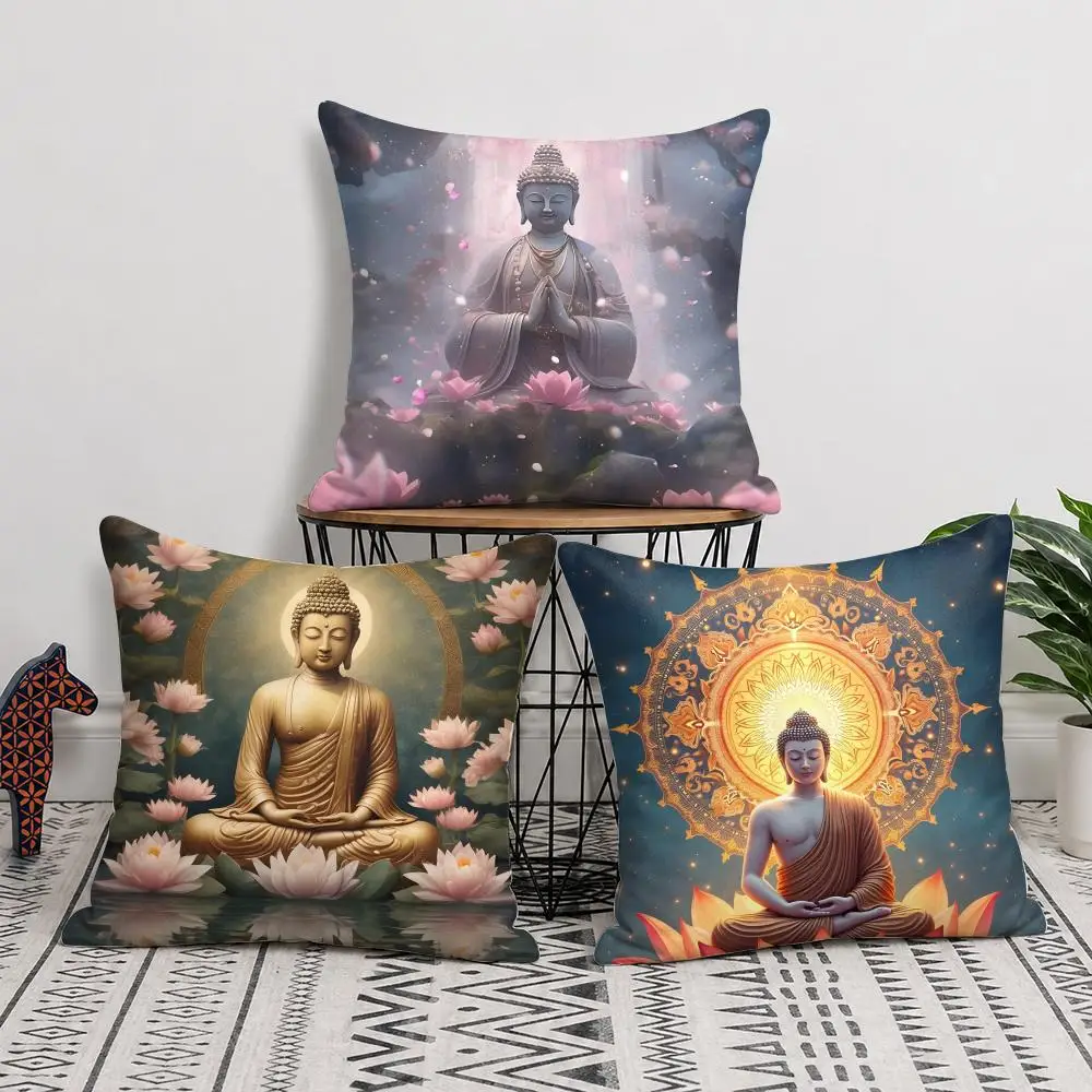 Zen Buddha statue and lotus Cushion Cover Natural Linen Organic Fabric Double-Sided Printing Breathable Perfect for Home Decor
