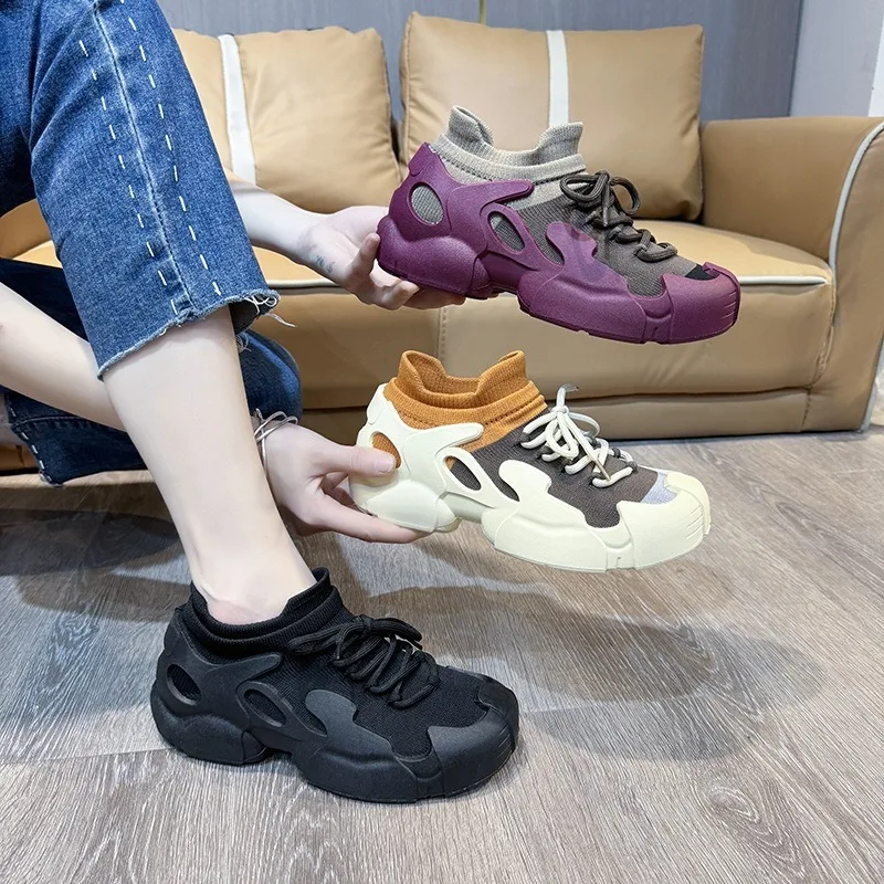 Women's Casual Sports Shoes Mixed Colors Platform Shoes Summer Breathable Knitted Sock Flats Woman Sneakers Zapatos De Mujer