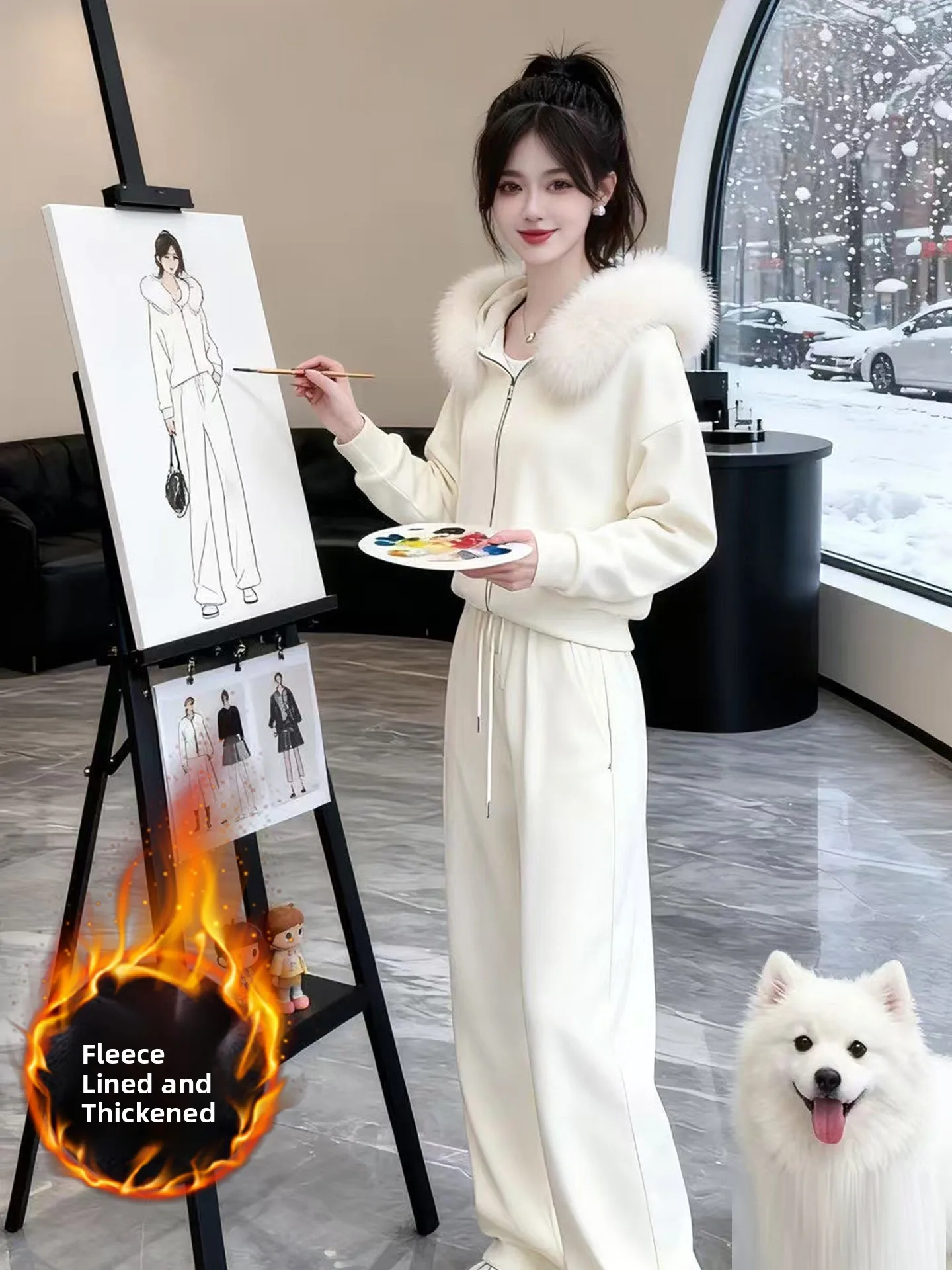 

Winter Warm Fleece Lined Sportswear Set Women's Soft Style Casual Outerwear with Fur Collar Top And Wide Leg Pants Two Piece Set