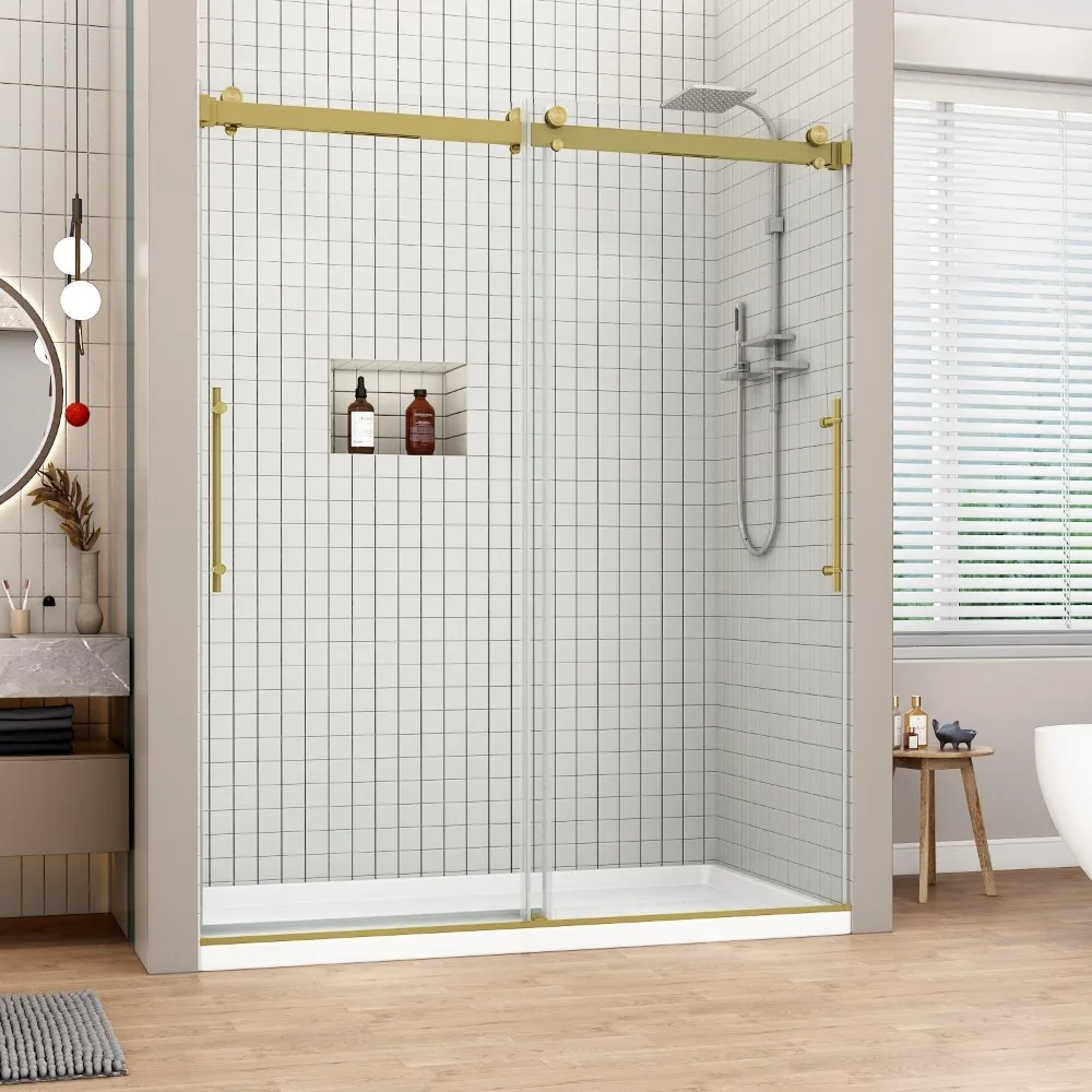 Frameless Shower Door, 56 1/8“-60” W X 76“ H, Aluminum, 5/16”8mm Clear Tempered Glass , with Handle, Double Sliding Shower Door