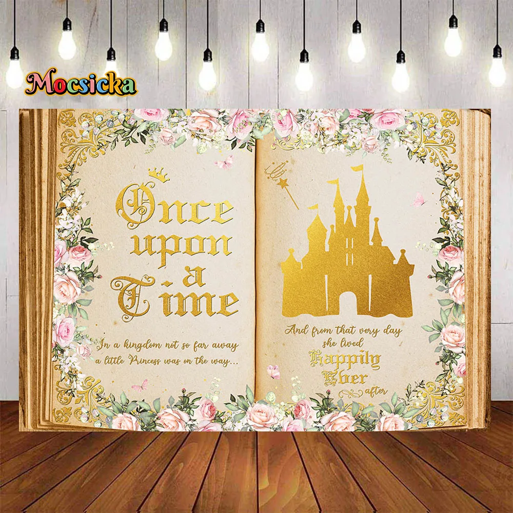 

Wedding Bridal Shower Party Background Once Upon a Time Fairy Tale Castle Pink Flower Golden Background Banner Girl Photo Studio