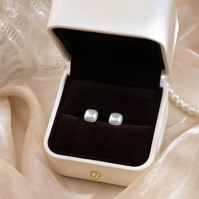 White Color 8mm Square Imitation Pearl Stud Earring for Women Elegant Romantic Temperament Jewelry Accessories Wedding Girl Gift