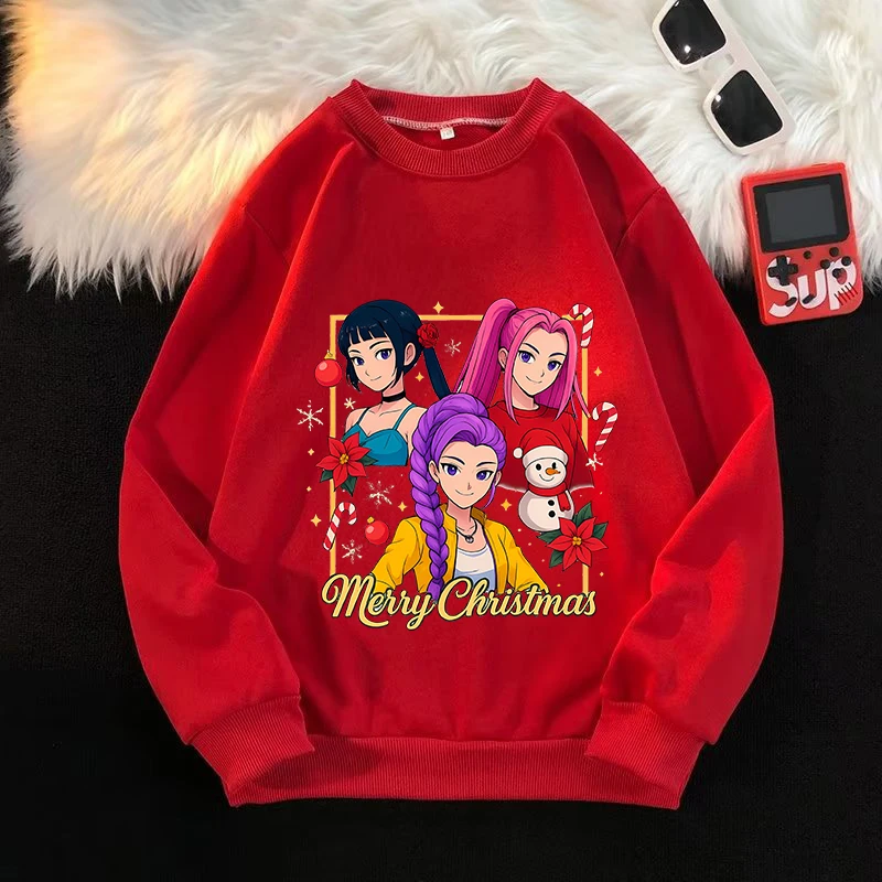 

K-Pop Demon Hunters Christmas Kids Round Neck Pullover Hoodies Girl Baby Kawaii Sweet Home Clothes Tops Cartoon Anime Sweatshirt