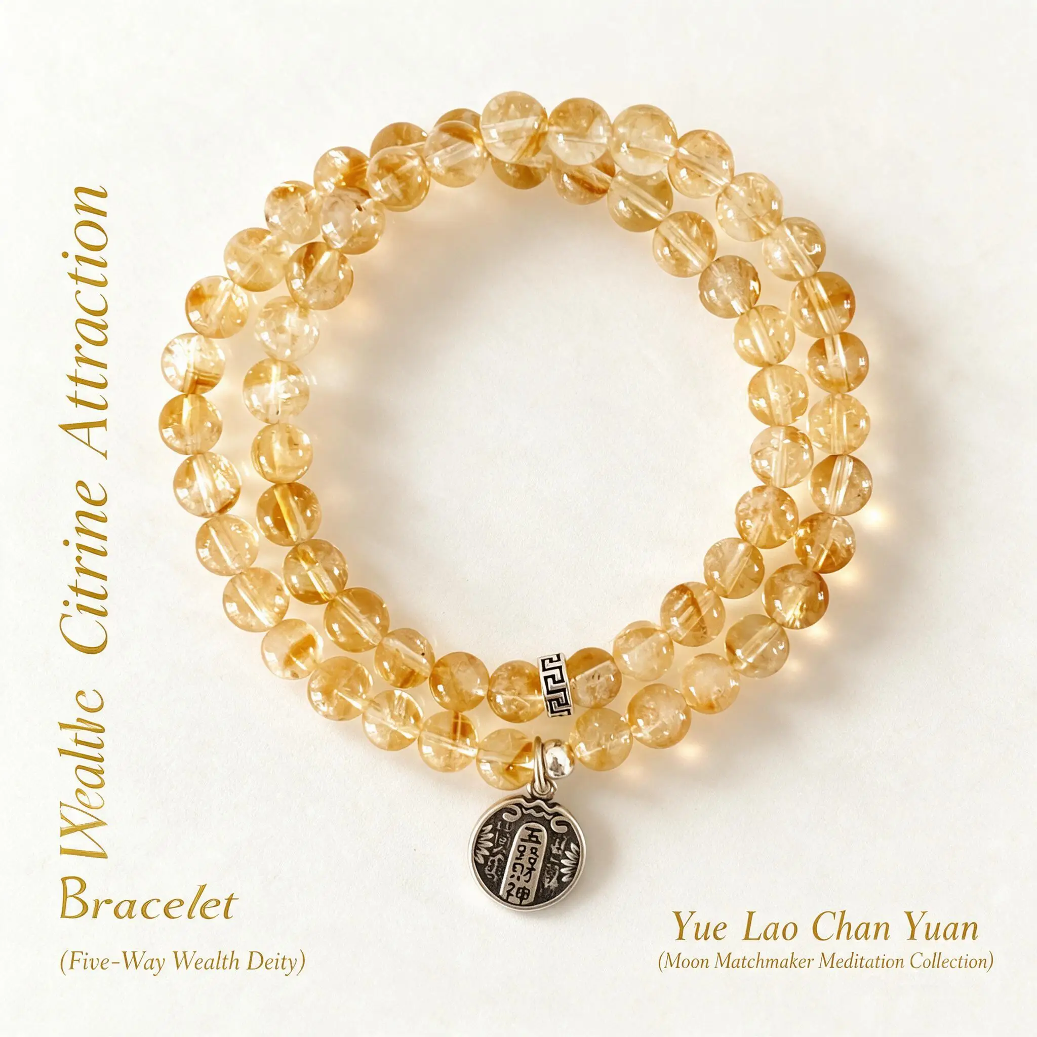 Chinese Style 6mm Citrine Two Wrap Handstring S925 Silver Five Wealth Gods Lucky Fortune Auspicious Blessing Bracelet For Women