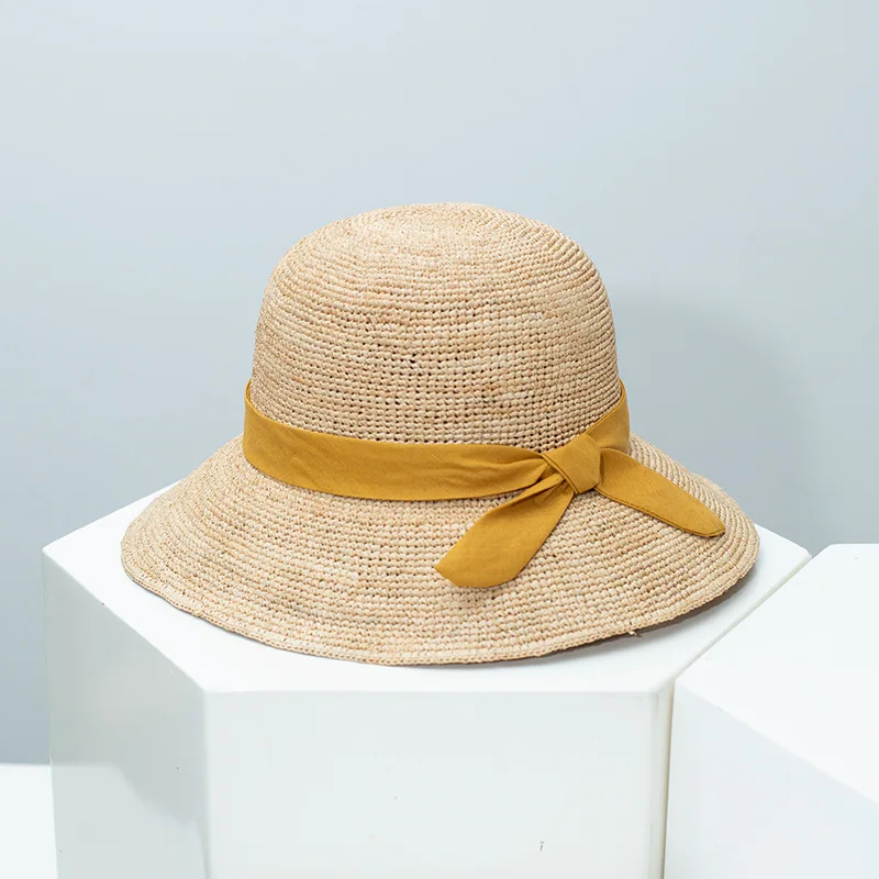 

Women's Bowknot Raffia Wide Brim Sun Hat, Foldable Straw Beach Hat, Large Brim UV Protection for Vacation Seaside Cap Breathable