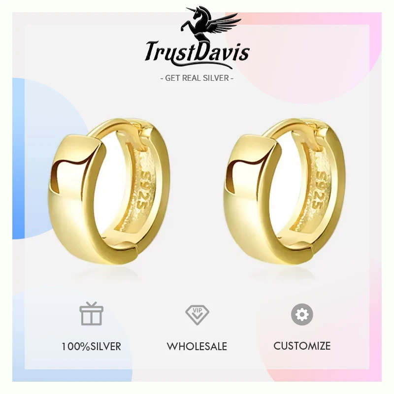 TrustDavis Real 925 Sterling Silver Fashion 18K Gold Mini Hoop Earrings for Women Party Wedding Fine Jewelry Gift LB132