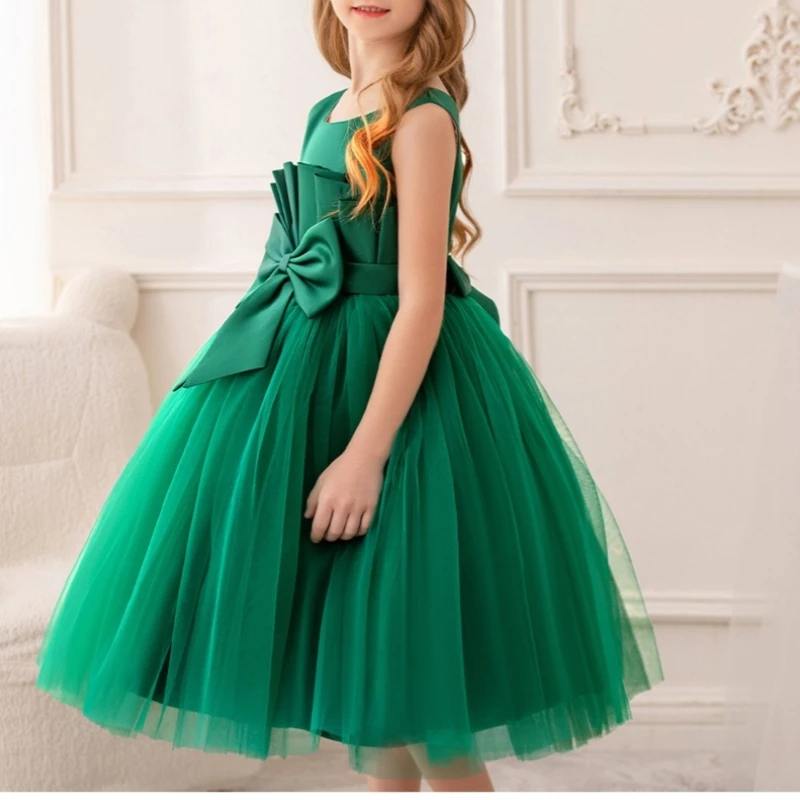 4-9 Years Old Green Sleeveless Bow Girl\'s Dresses Summer Sweet Party Kid Vestidos 4 5 6 7 8 9 Years Old Kids Clothes