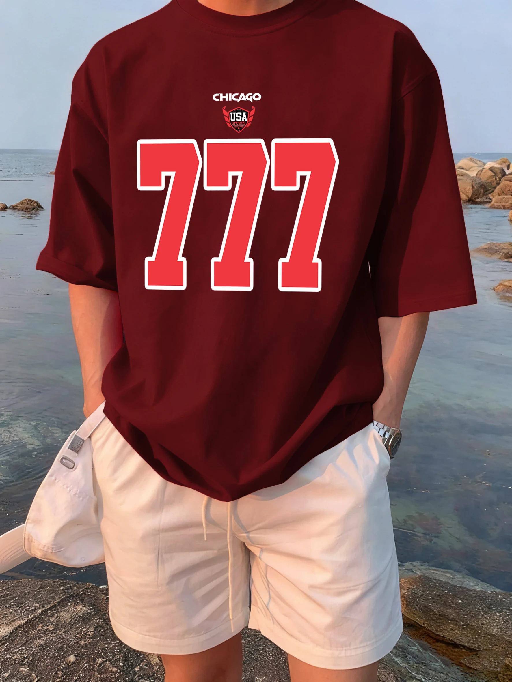 

Chicago Usa Number 777 Printed Mens Breathable Clothing Cotton Loose Tee Shirts Summer Casual Short Sleeve Street Vintage Tops