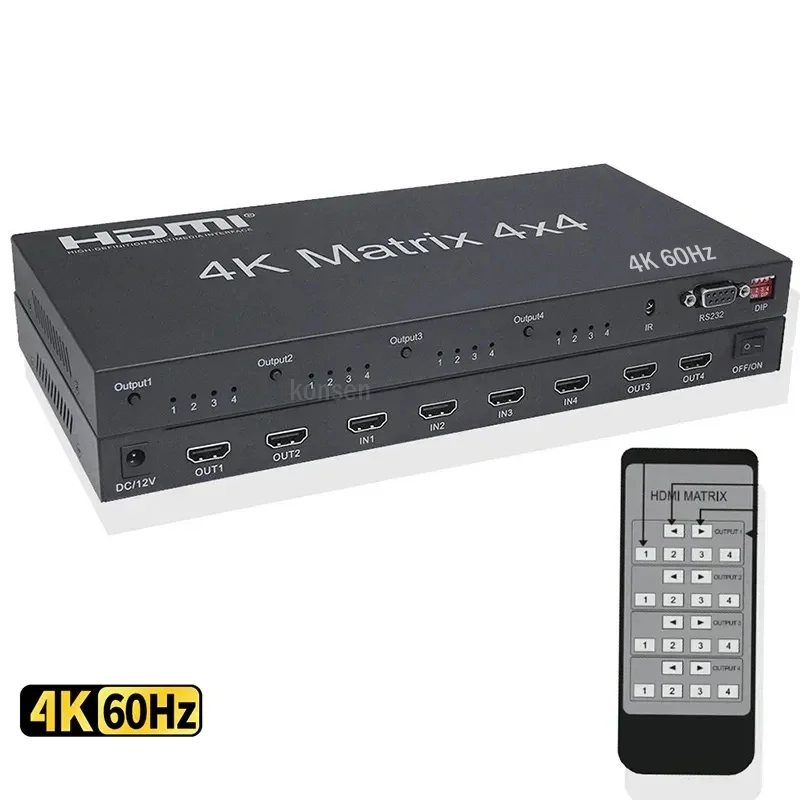 

4K 60Hz HDMI True Matrix 4 in 4 out HDMI 2.0 Matrix Swticher 4x4 Video Switch Splitter Selector Box with IR Remote HDCP 2.2 EDID