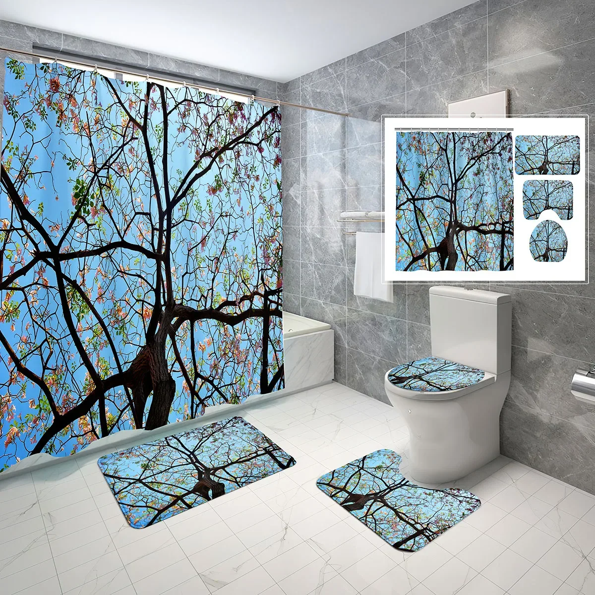 

4 Sets Branch Shower Curtain Sets with Non-Slip Bath Mat,Toilet Lid Cover and Brown Trunk Green Leaf Blue Sky Shower Curtain Set