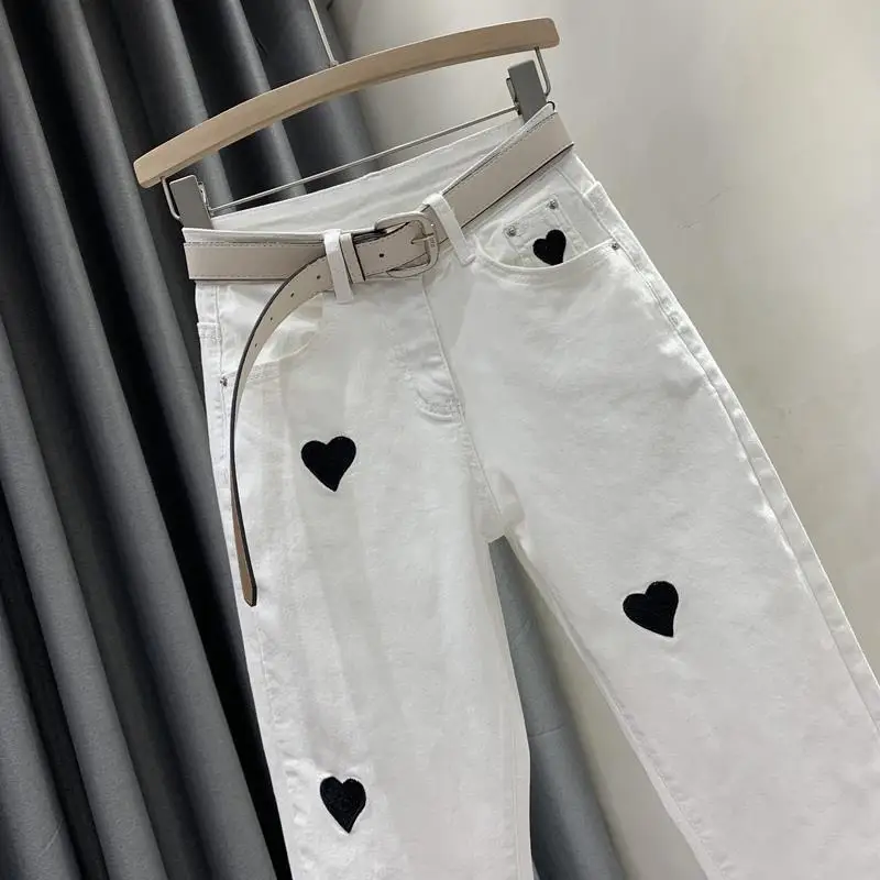 Women's Clothing Embroidery Heart Jeans White New High Waist Stretch Slim Fit Cropped Skinny Jeans White Women Pants