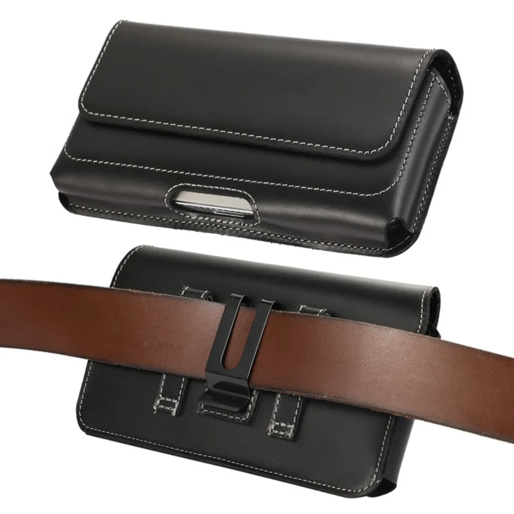 Real leather cross-body men's mobile phone bag with leather strap closure, universal working function waist bag