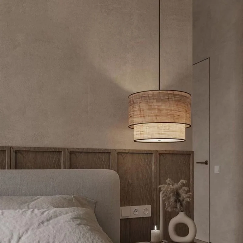 

Wabi Sabi Fabric Led Pendant Light Bar drum lamp Dining Room Bedroom hotel guesthouse Lighting Restaurant beside Hang Lamp