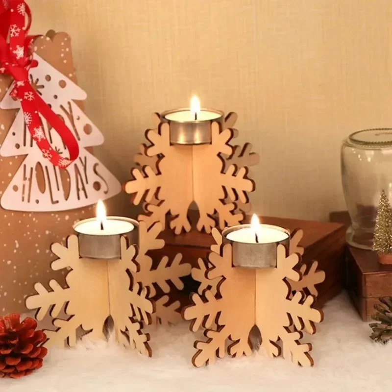 4Sets New Patchwork Wooden Snowflake Candlestick SetChristmas Decorations Candleholders Home Wedding Party Table Decor Ornament