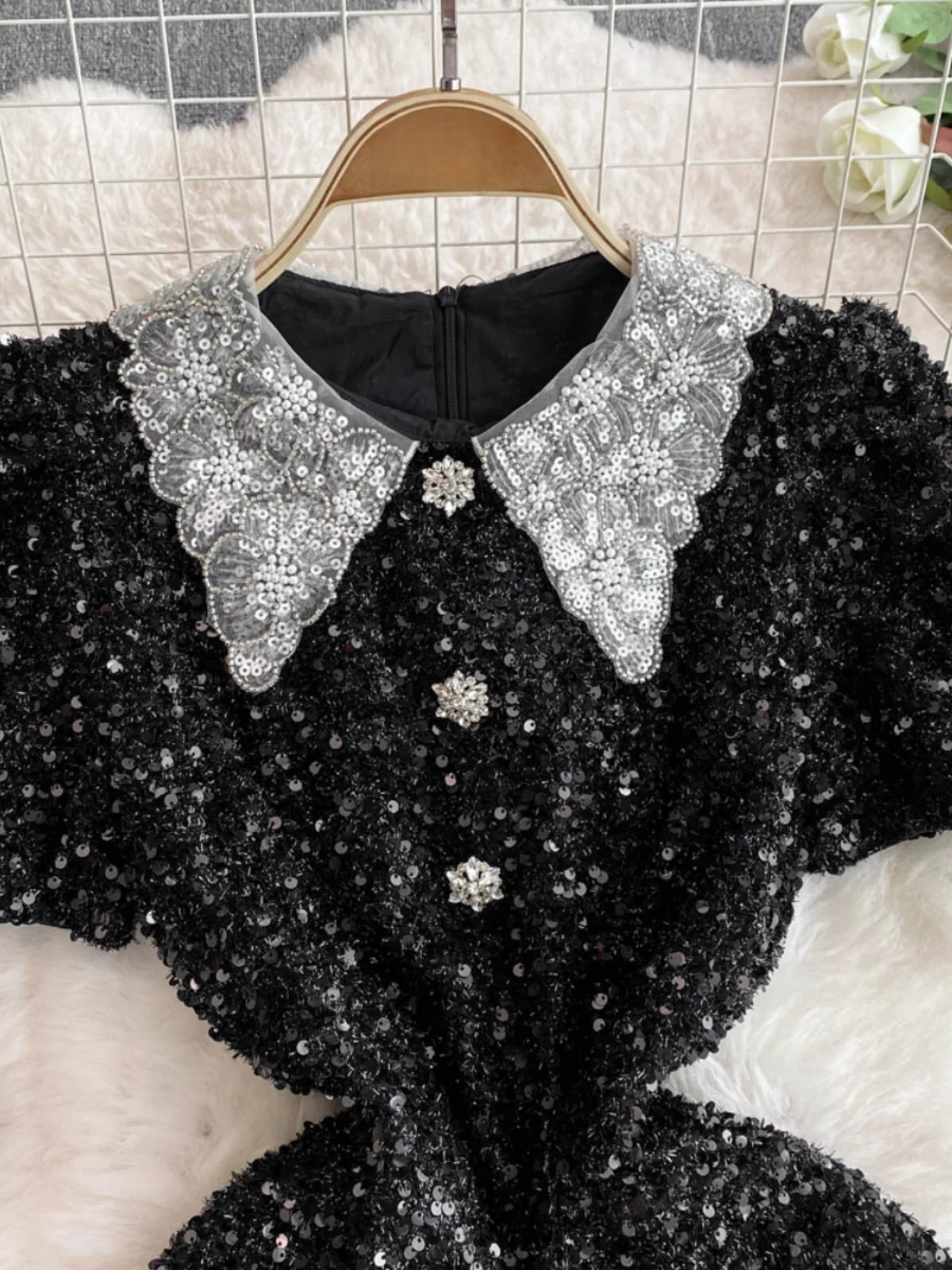 Retro Doll Collar iny Sequin Dr Women's Summer New Small Size Slim ort Sve A-Line Skirt High Waist Korean Sle