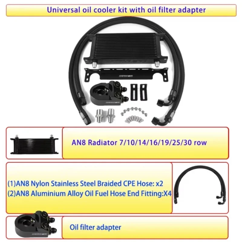 Universal British-Type 7/10/14/16/19/25/30 Row Engine Oil Cooler Kit 45° Elevation Thermostat Filter Adapter BB-OCK-721 to727