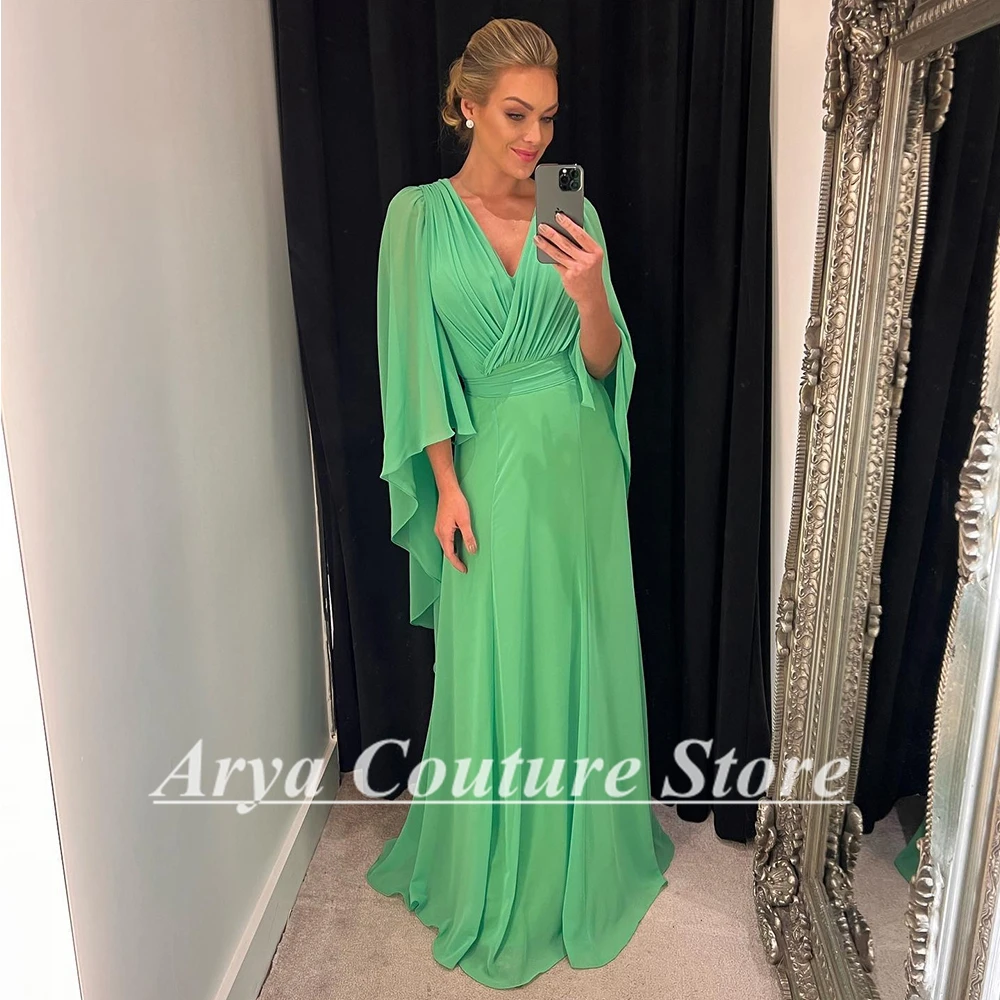 Elegant Green V-Neck Chiffon Formal Evening Dress Women's Pleats Floor Length Prom Gowns Zipper Back Wedding Guest Dress