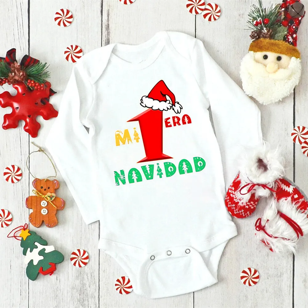 Mi 1ra Navidad Baby Bodysuit Infant 1st Christmas Rompers Party Outfit Newborn Jumpsuit Toddler Long Sleeve Xmas Clothes