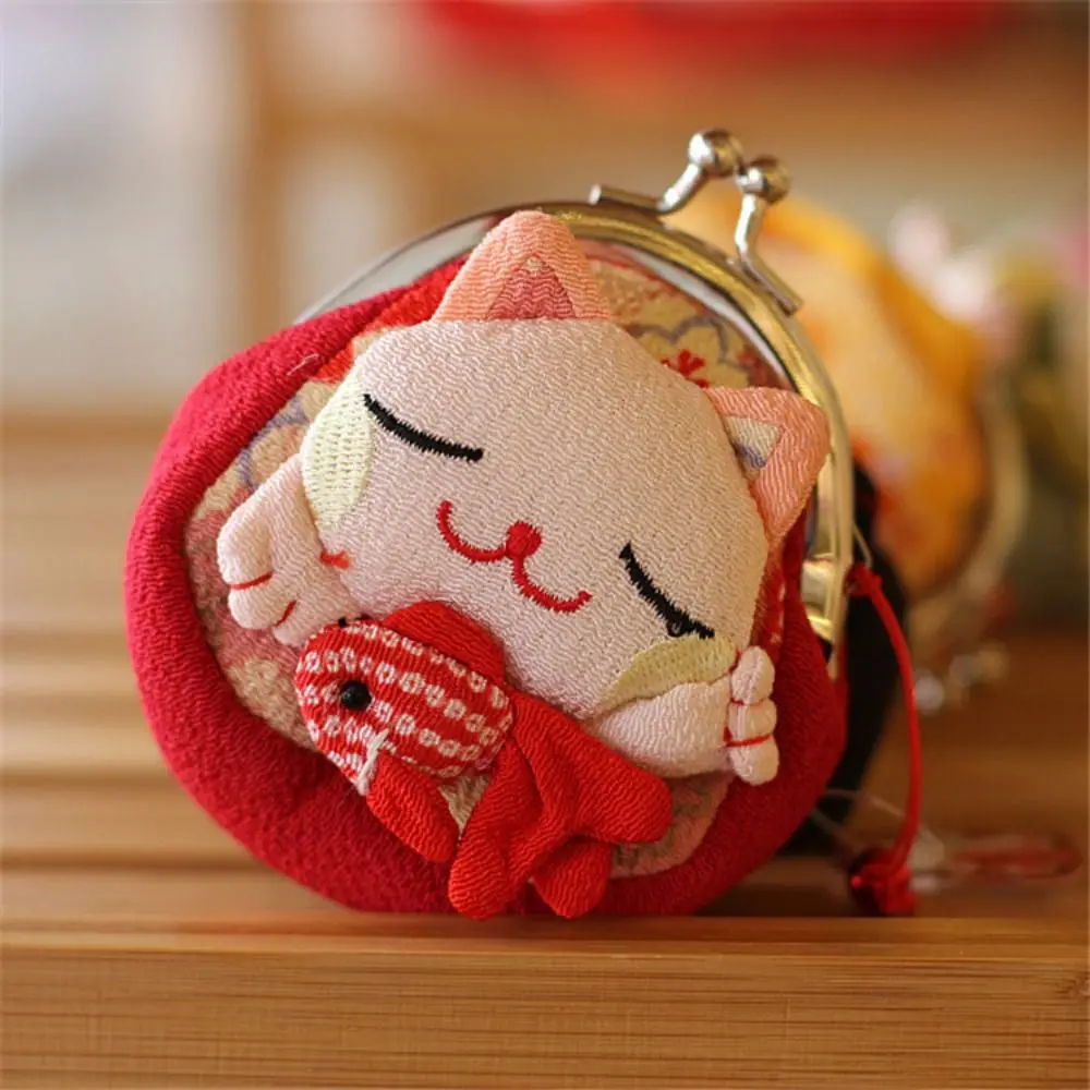 Retro Japanese Style Maneki Neko Coin Purse Flower Printing Wallets Lucky Cat Clutch Bag Storage Bag PU Card Holder Travel