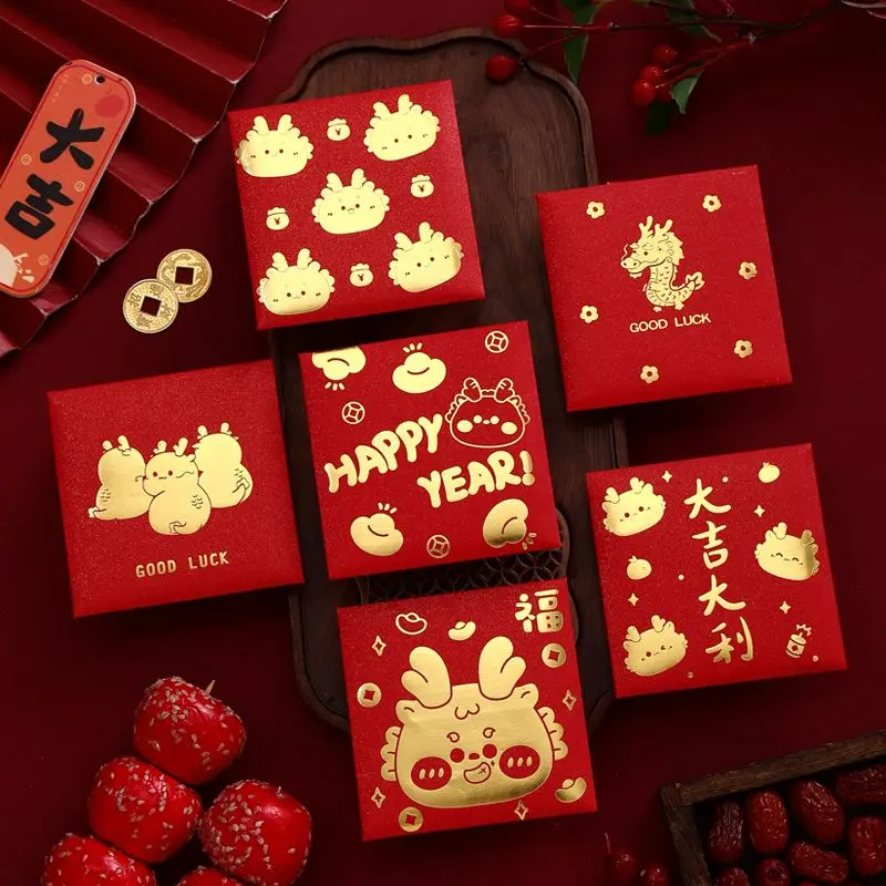 Sobre rojo de 10 piezas, bolsa de dibujos animados del Festival de Primavera del dragón, paquetes de dinero de la suerte, regalo de decoración Hongbao, 2024