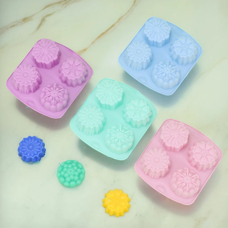 4 Cavity Cake Mousse Mold Flower Shape Silicone Baking Pan Ice Cube Tray Chocolate Candy Jelly Ice Cube Muffin Handmade Soap