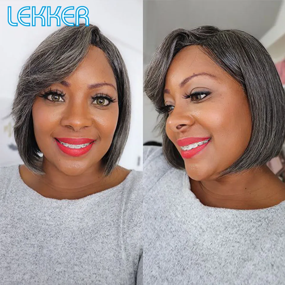 Lekker Grey Short Bob Human Hair Wig For Women Brazilian Remy Hair Ombre Gray Silver Wavy Hair Wig With Bangs Pixie Part Wig