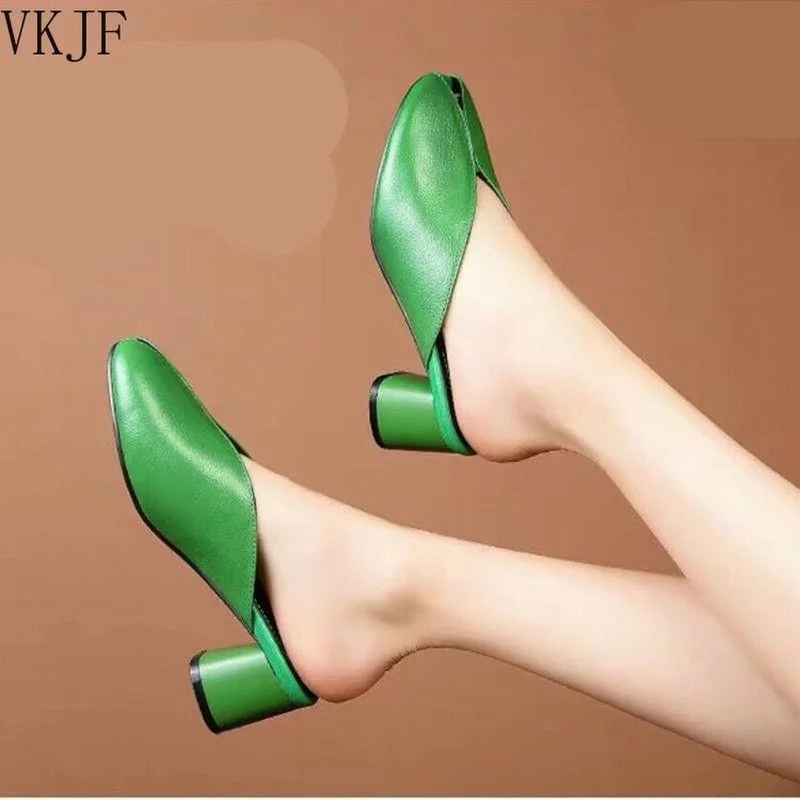 New 2022 Green Slip-on Slippers High Heeled Womens Mules Pumps Peep Toe Square Heel Autumn Casual Sandals Slipper Lady