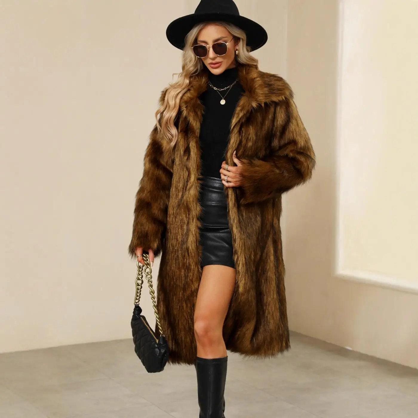 

Women's Square Collar Imitation Long Coat Fur Trimmed Long Sleeve Waist-Cinched Commute Style Fashionable Winter Outerwear
