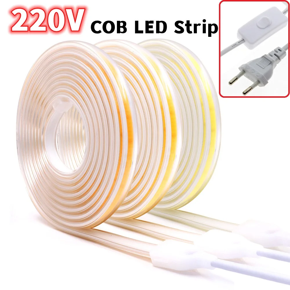 COB LED Strip 220V 360LEDs/m Super Bright Flexible Waterproof Light Stripe Diode Tape Rope Lamp EU Plug Cold/Natural/Warm White