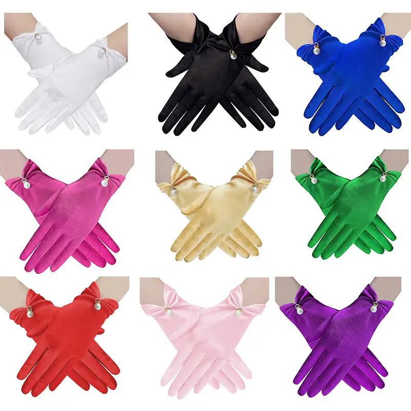 المرأة الساتان قصيرة اللؤلؤ قلادة الديكور متعدد الألوان آداب قفازات عشاء حفلة أوبرا الزفاف مرحلة الأداء #6