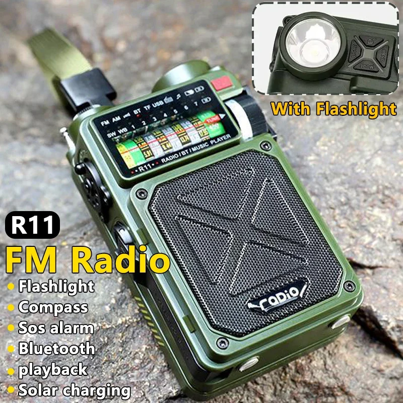 R11 Multifunction Emergency Radio BT Speaker Outdoor AM/FM/SW/WB Full-band Radio With Solar Hand Crank Dynamo TF Card USB Player