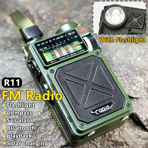 Radio de emergencia multifunción R11, altavoz BT para exteriores, Radio de banda completa AM/FM/SW/WB con manivela Solar, dinamo, tarjeta TF, reproductor USB