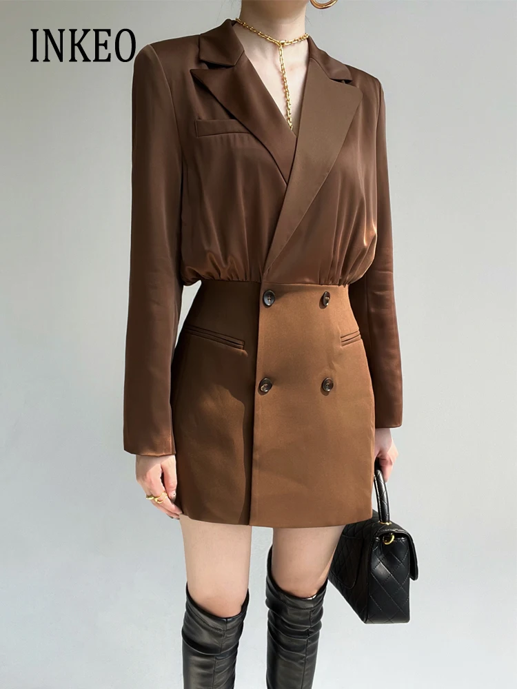 

Luxury Design Patchwork Blazer dress for women Slim 2024 Spring Autumn Brown Double breasted mini dress jacket Chic INKEO 3D092