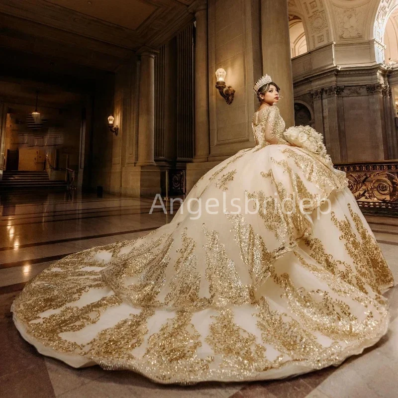 Angelsbride Customized Ball Gown Quinceanera Dresses Gold Appliques Long Sleeves Beading Evening Party Dress Vestidos XV Años