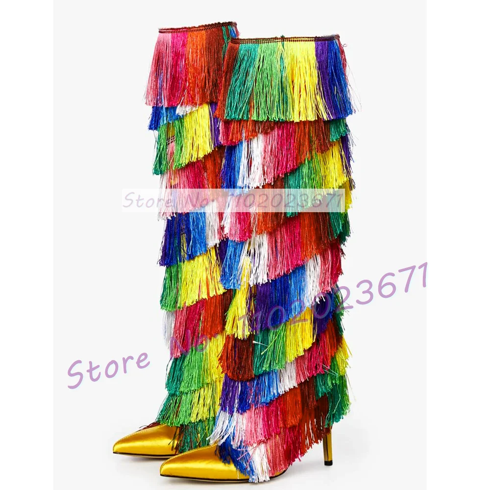 Colorful Fringes Satin Knee High Boots Women Sexy Pointed Toe Thin High Heels Shoes Ladies Stylish Slip On Rainbow Stage Boots