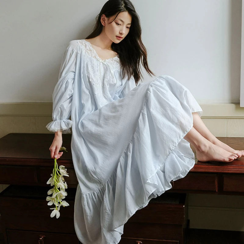 Women Spring Autumn Long Sleeve Lace Nightdress Pure Cotton Vintage Nightgown Victorian Night Dress Home Wear Princess Sleepwear