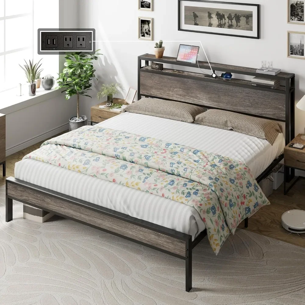 King Size Bed Frame with Charging Station, 2-Tier Storage Headboard No Box Spring Needed Noise-Free, Industrial Platform Bed