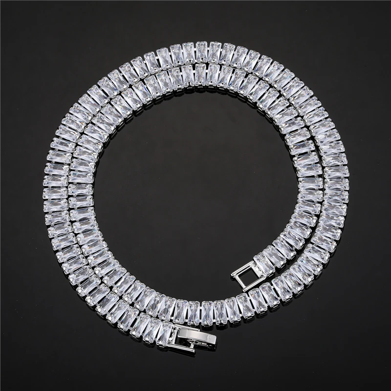 Hip Hop Iced Out Paved Rhinestones Baguette Cuban Prong Chain Rapper Necklaces Bracelets CZ Bling Bracelet For Men Women Jewelry