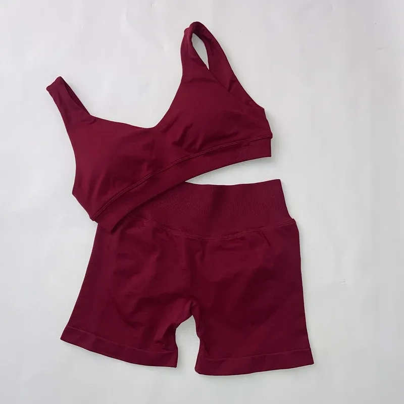 Conjunto curto de sutiã traseiro de impacto feminino ginásio yoga treino fitness ativo wear manga curta camiseta shorts conjuntos