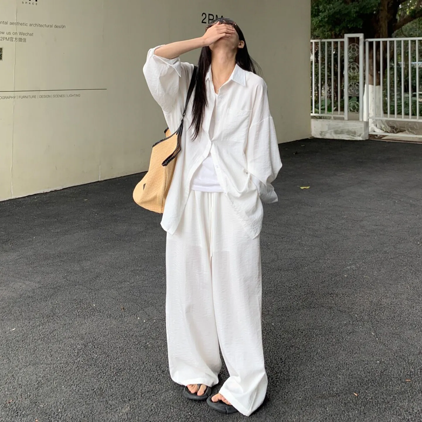 

SuperAen 2026 Spring and Summer New Women's Cotton Solid Color Loose Shirt High Waist Wide-Leg Pants Two Pieces Sets