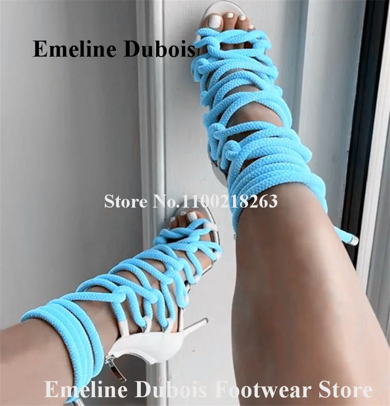 Rope Cross Gladiator Sandals Emeline Dubois Newest Women Open Toe Blue Yellow Pink Lace-up Stiletto Heel Dress Shoes