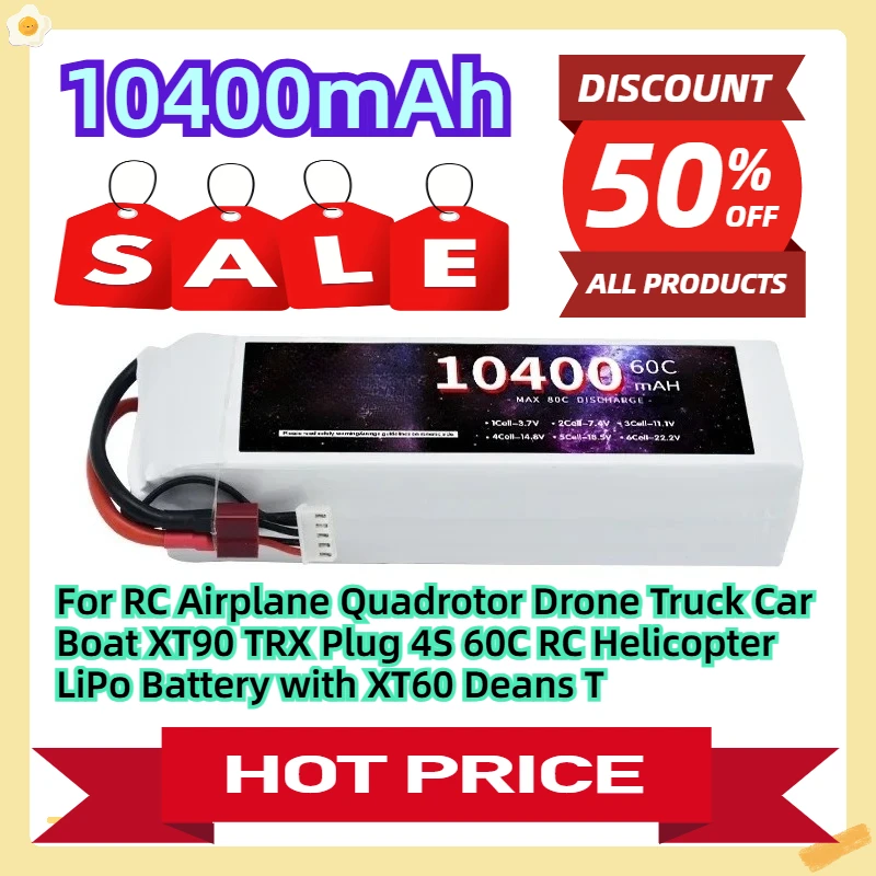 

For RC Airplane Quadrotor Drone Truck Car Boat XT90 TRX Plug 4S 14.8V 10400mAh 60C RC Helicopter LiPo Battery with XT60 Deans T