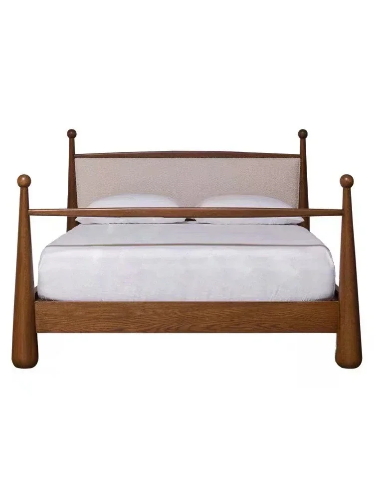 Cama de casal retrô americana de madeira maciça 1.8, cama de casal nórdica simples e macia para crianças, estilo wabi-sabi moderno