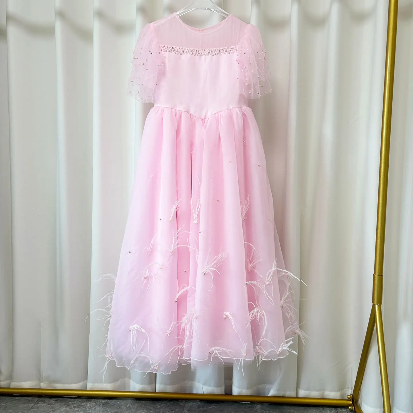 Jill Wish Luxury Blush Pink Girl Dress Feathers Beaded Princess Baby Kids Wedding Birthday Party Gown First Communion 2024 J391