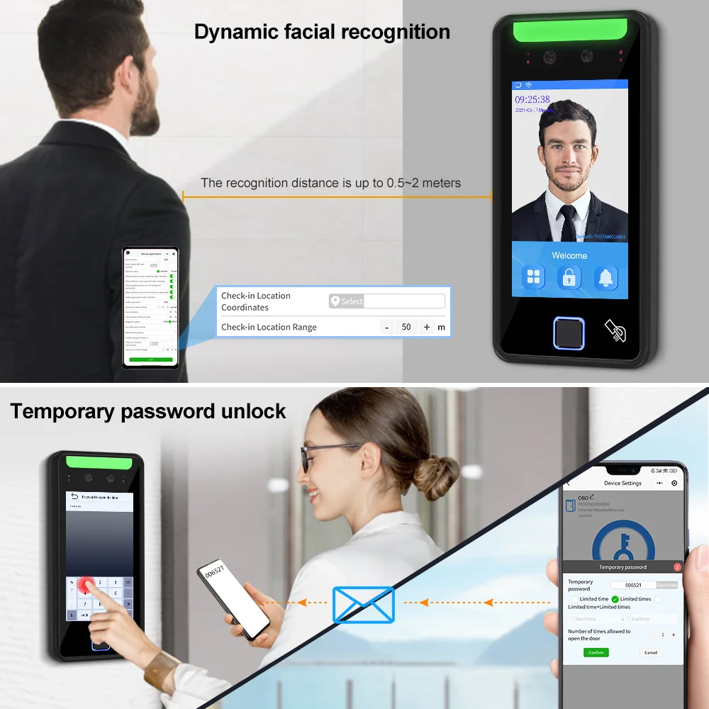 5 Inch WIFI TCP/IP Dynamic Facial Recognition Time Attendance Access Control System RFID Card Face Fingerprint APP Remote Unlock