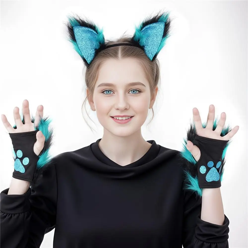 إكسسوارات أزياء على شكل قطة وولف ثعلب من الفرو الصناعي لحفلات المهرجانات التنكرية ولباس عصابة رأس للأذن ومجموعة ذيل لعيد الميلاد والهالوين #2
