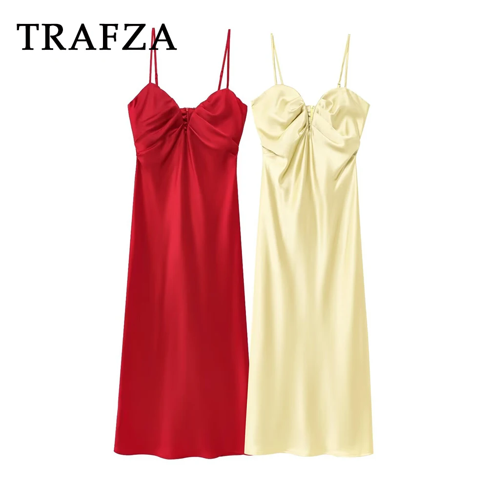 

TRAFZA Chic Solid Sexy Long Camisole Dress Sheath Zipper Holiday Women Dress Fashion 2025 Summer Sweetheart Neck Midi Vestidos