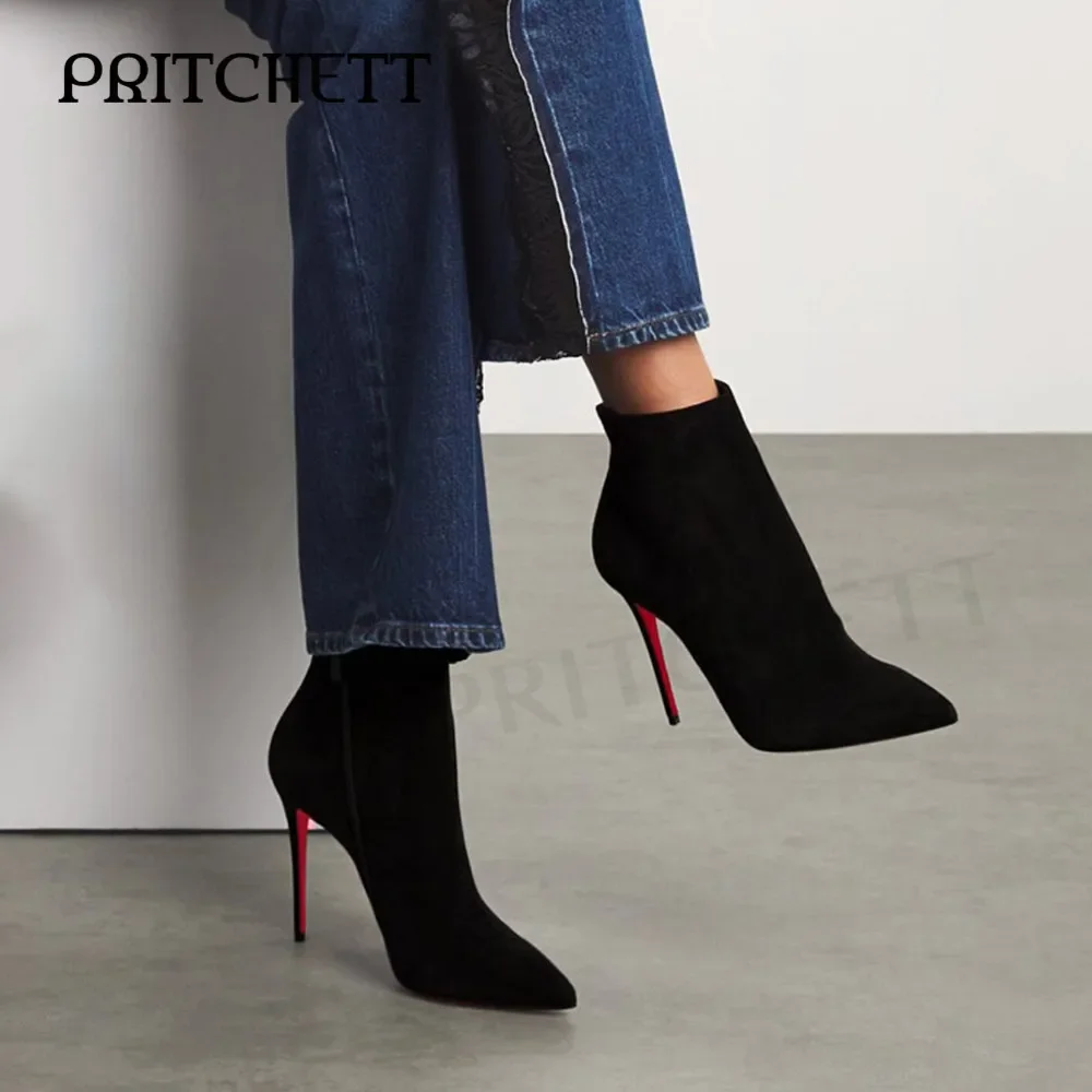 Black Suede Pointed Toe Ankle Boots Stiletto Heel Pull-On Elastic Boots Fashionable Large Size Sexy Temperament Women's Boots