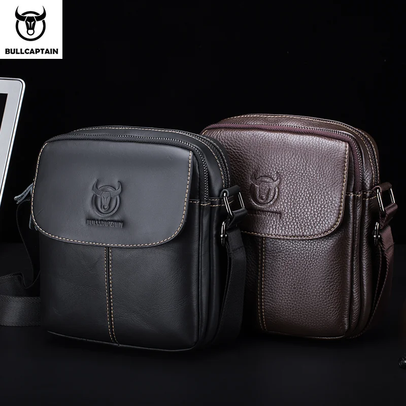 BULLCAPTAIN-Bolsa de ombro de couro para homens, pequenos sacos casuais, bolsa tiracolo multifuncional, marca, D07